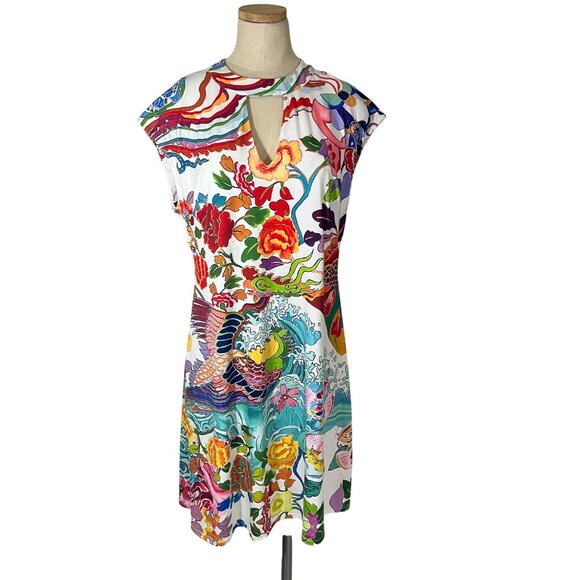 Hale Bob dress women's M white multicolor koi print cap sleeve keyhole open - Picture 2 of 7